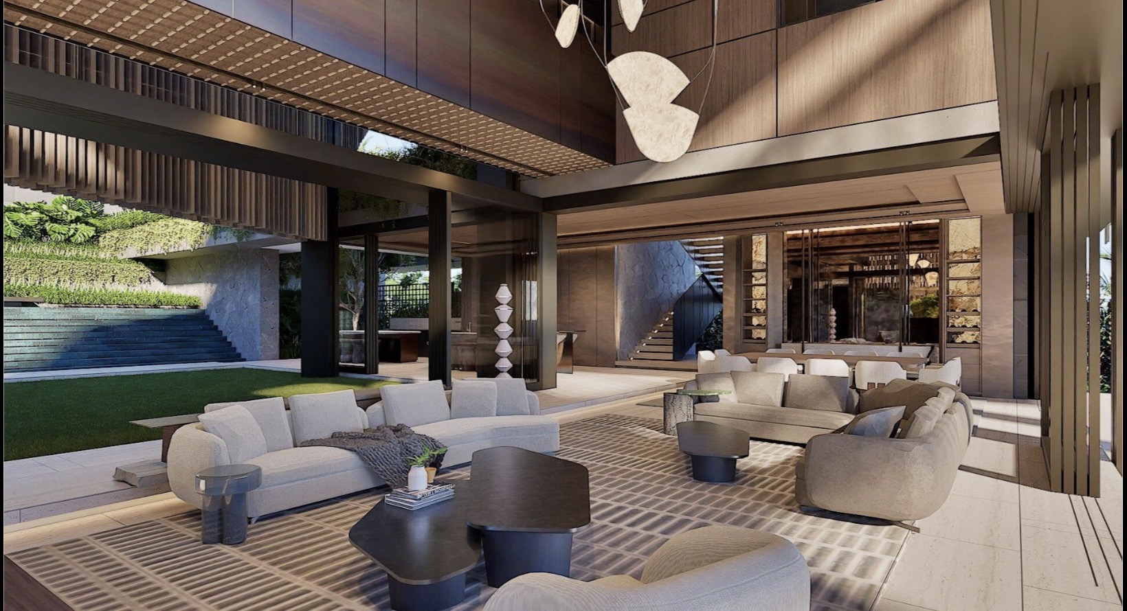 Double-height living pavilion of the private villa, layered timber opening to a sunken lawn